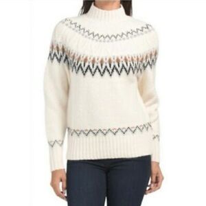 Nicole Miller Artelier white cream fair isle mock neck sweater XS